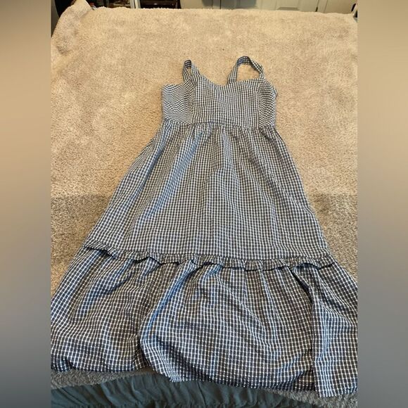 Draper James Martie Tie Back Dress in Navy Blue Gingham Seersucker Size 14 - Picture 5 of 7